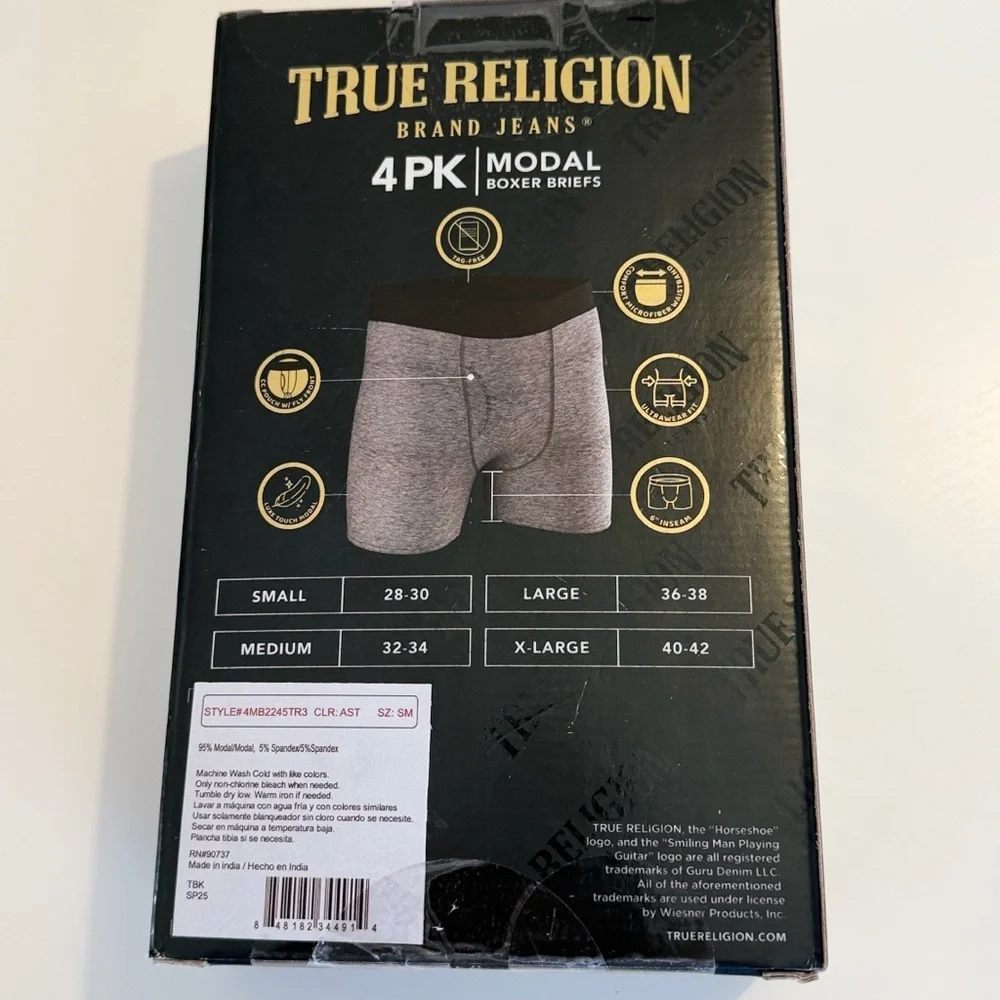 True Religion 4-PK multi grey/ black Modal Boxer Briefs Small 28-30 Waist NWT